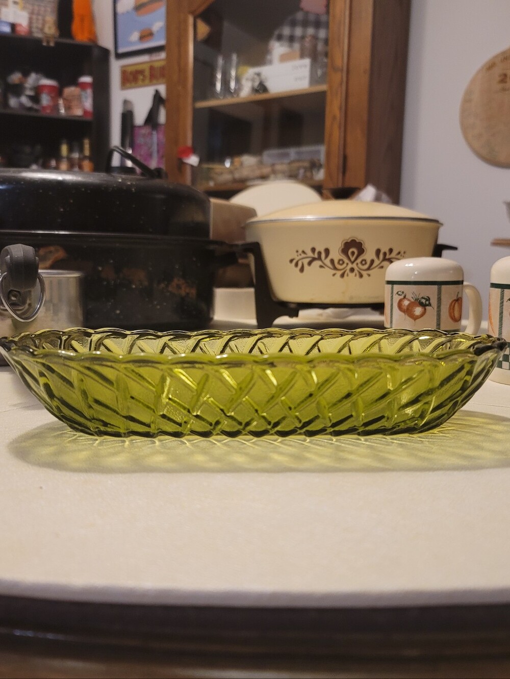 Vintage Indiana Glass Avocado Green Celery Relish Dish Basketweave MCM